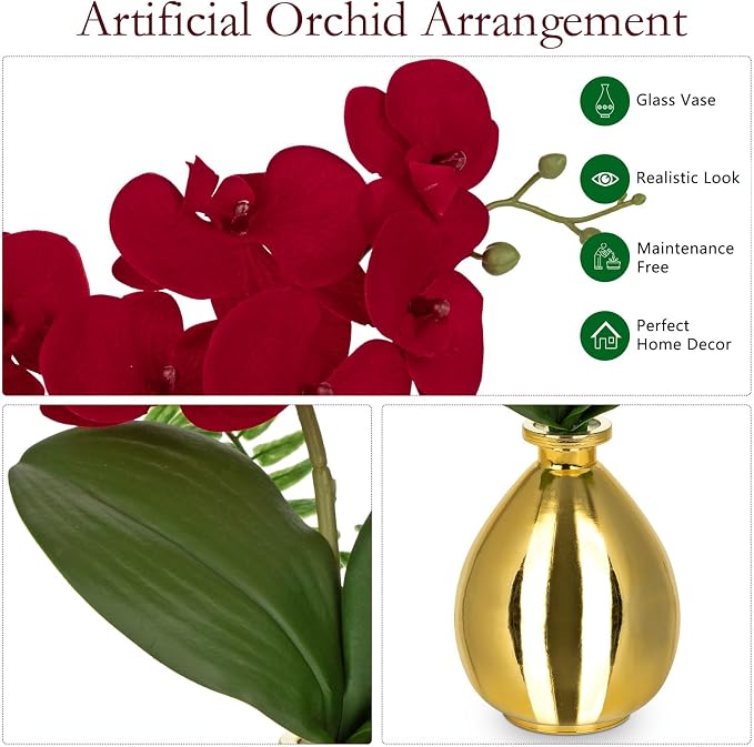 Oairse Red Orchids Artificial Flowers, Faux Orchid in Glass Vase Real Touch Small Phalaenopsis Orchid Flowers Arrangements with Gold Vase Orchids Centerpiece for Dining Room Table