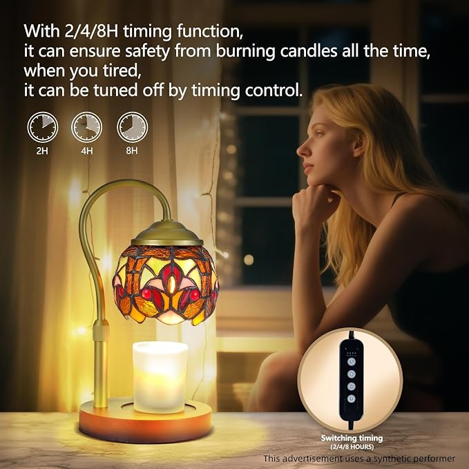 Baroque Tiffany Candle Warmer Lamp with Wood Base - Height Adjustable, 2/4/8H Timer, 4-Level Dimmer - Includes 2 GU10 Bulbs - Vintage Aesthetic Room Decor & Gifts for Women, Fits Candles up to 5"