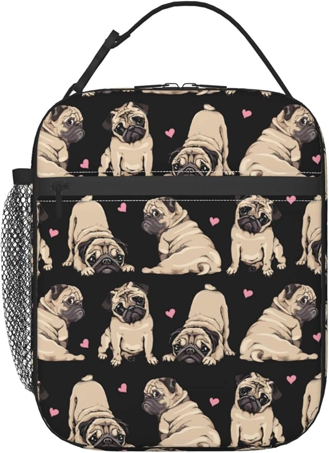 Gianlaima Pug Cute Black Cool Fuuny puppy Dog Love Insulated Lunch Box For Women Man, Portable Lunch Bag Reusable Cooler Tote For Office Work Travel Picnic Camping Beach