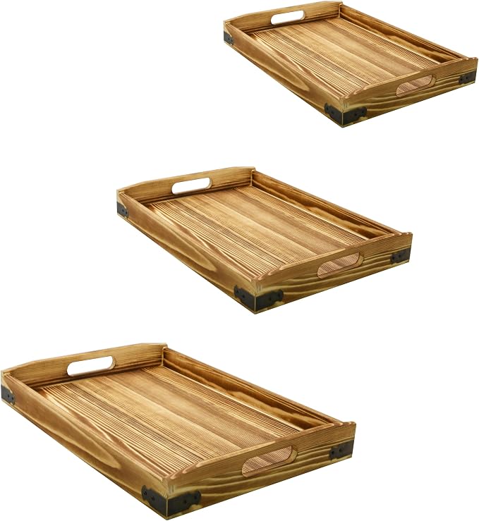 Owlgift Rustic Burnt Wood Serving Trays with Brass Metal Wrap Accents, Set of 3