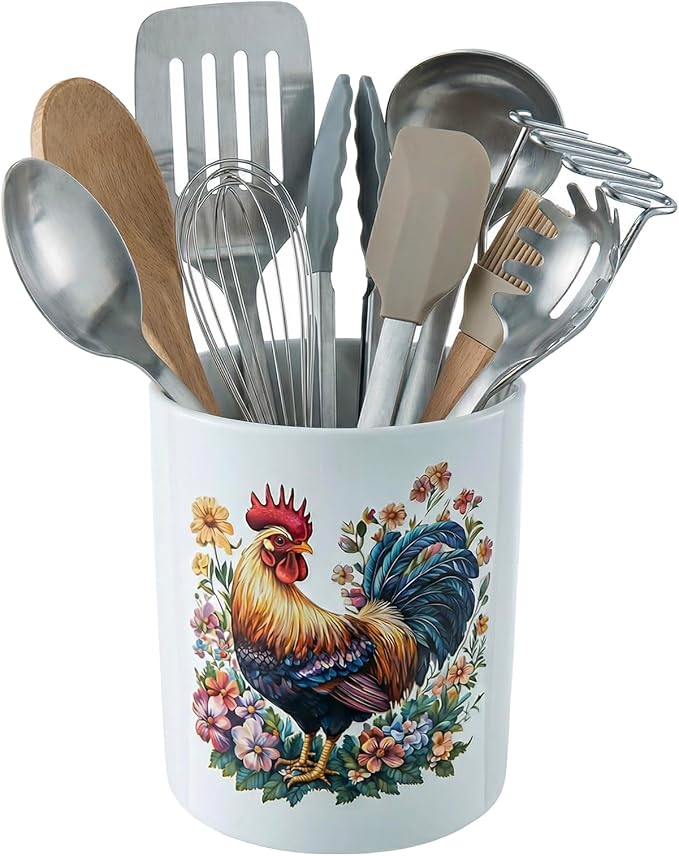MyGift Farmhouse Rooster Floral Ceramic Kitchen Utensil Holder – Decorative Crock for Cooking Utensils, Flatware, and Countertop Storage