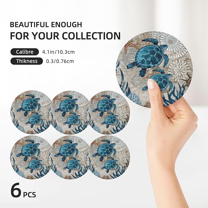 Nautical Coastal Green/Blue Turtle 6 Pcs Ceramic Coaster Set with Holder/Cork Ocean Beach Funny Man Boy Teen Animal Absorbent Round Cup Drink Coasters Set for Modern Coffee Table Bar Wine Beer Protect