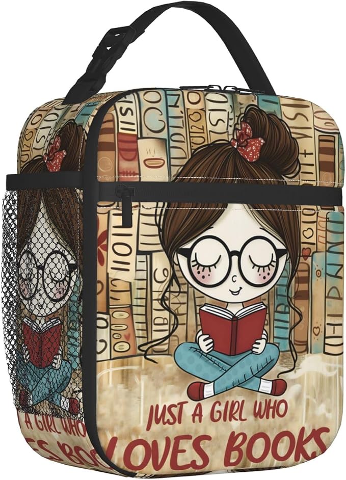 Reusable Just a Girl Who Loves Books Lunch Box for Kids Girls Women Adult, Insulated Book Reader Lover Lunch Bag,Polyester Cooler Handbags Case for School Picnic Work Travel Beach or Hiking