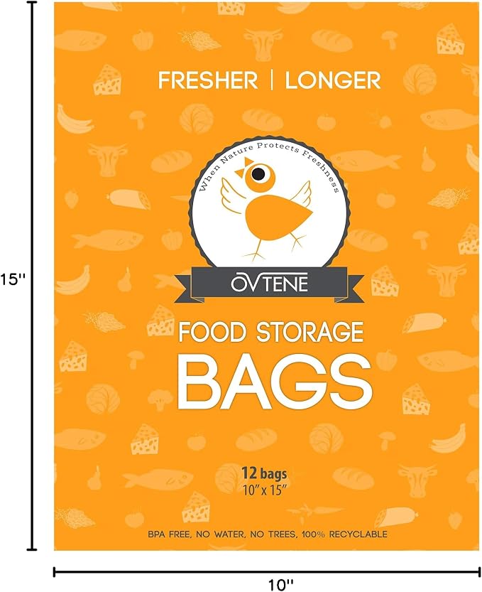 Food Storage Bags for Cheese, Meat, and Produce - Keeps Food Fresher Longer (12 Large Bags 10”x15”)