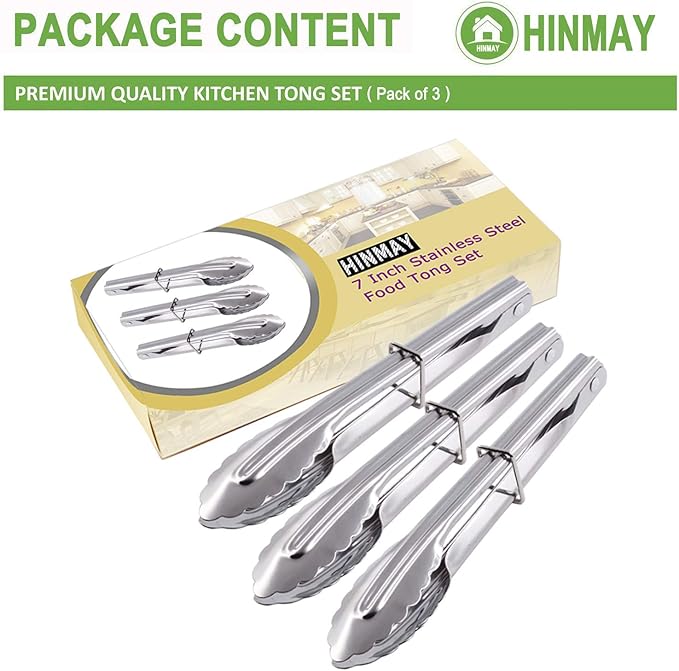 HINMAY Small Stainless Steel Serving Tongs 7-Inch Salad Tongs, Set of 3 (Silver)