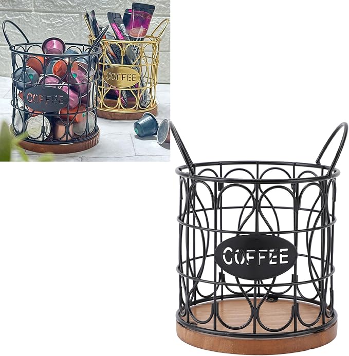 Large Capacity Modern Coffee Basket Coffee Pod Basket Decorative Round Wire Coffee Capsule Holder with Wooden Base for Cafe Kitchen Countertop (Black)