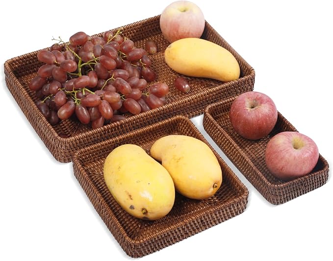 Rattan Tray Set of 3, Rectangular Woven Tray, Wicker Decorative Serving Tray, CoffeeTabletop Vanity Organizer, Bathroom Kitchen Counter, (S 4.3 x 8.3), (M 8.3 x 8.3), (L14.6 × 9.1) (Dark Brown)