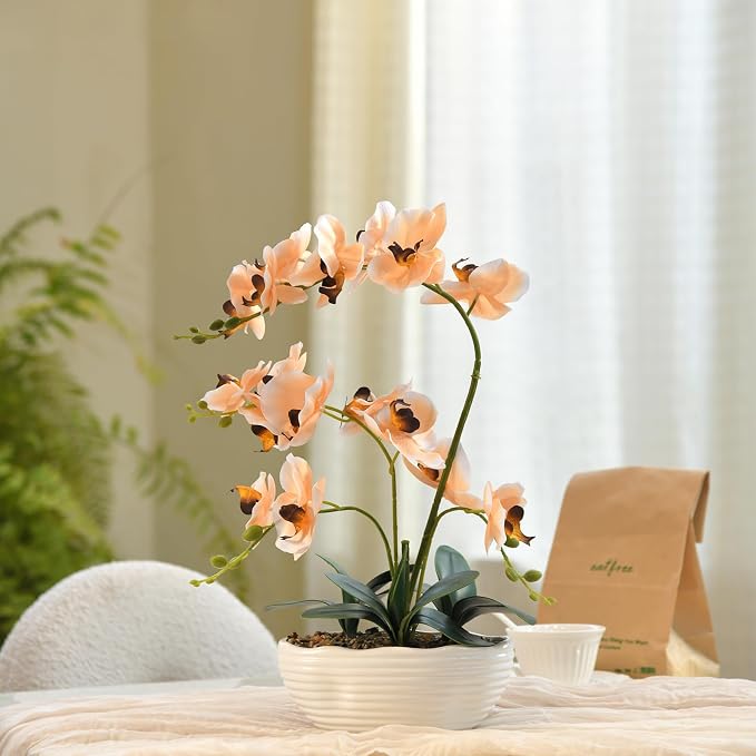 19" H Phalaenopsis Faux Orchid Plant Silk Orchid Centerpiece Artificial Floral Arrangement in Ceramic Pot (Champagne)