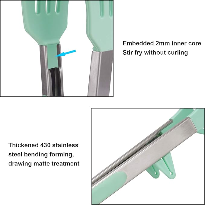 4in1 Stainless Steel Kitchen Food Tongs Set for Cooking with BPA Free Silicone Tips, Toaster Steak Pie Pizza Pasta Spaghetti Noodles Salad Fruit Vegetable Grill BBQ Buffet Clamp Serving Tools Gadgets