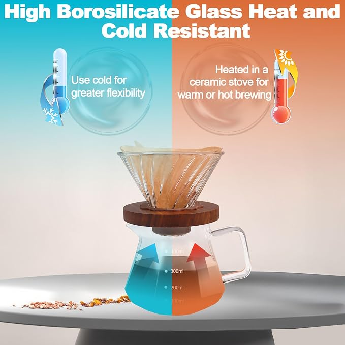 Pour Over Coffee Maker 13.5oz Portable Glass Coffee Maker High Borosilicate Glass Eagle Beak Spout Design with 50 Pcs Filter Paper Walnut Wood Base for Pour Over for Daily Brewing 400ml