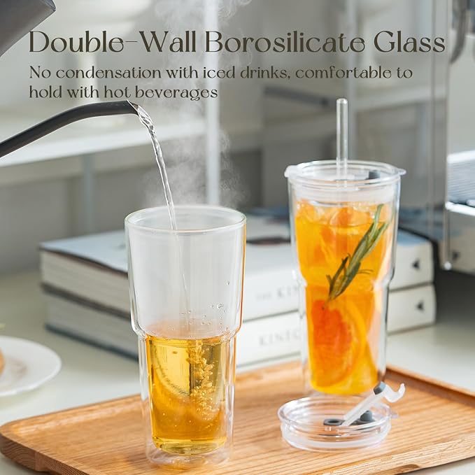 KEMORELA 2PCS 20oz Double Wall Glass Tumblers with Lids and Straws – Insulated Borosilicate Glass Matcha Cups for Iced Matcha Latte, Smoothies, Reusable Travel Glass Cups – Leak Proof 2-in-1 Lid