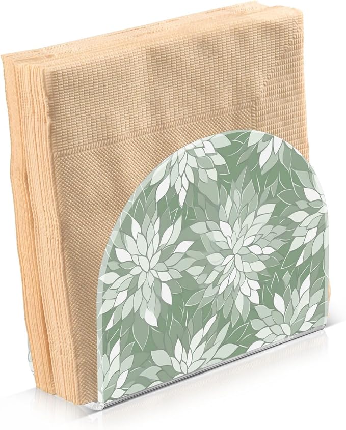 Sage Green and White Geometric Dahlia Flowers Napkin Holder for Table Acrylic Vertical Napkin Holders for Paper Napkins Decor Napkin Dispenser for Home Party Dining Cocktail Kitchen Accessories, 2 PC