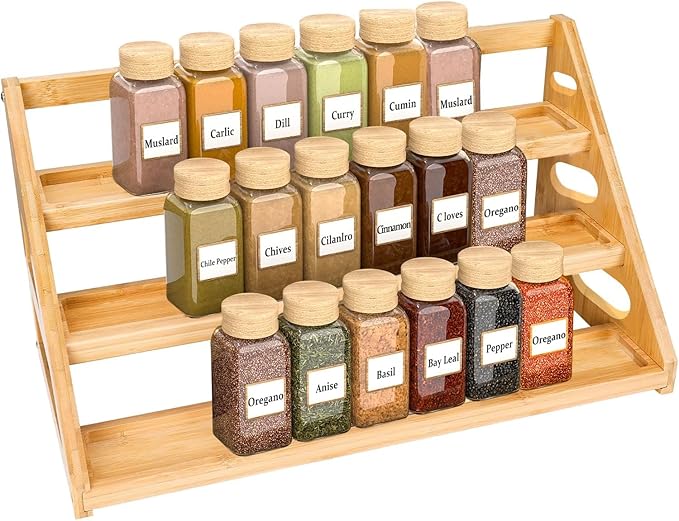 Spice Rack - Tiered Spice Rack Organization for Cabinet - 3 Tier Bamboo Display Spice Shelf for Countertop