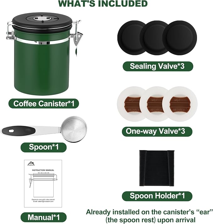 ShanSon Coffee Canister Airtight, Stainless Steel Bean Storage Container with Date Tracker & Scoop, Grounds Sugar Flour Tea Cereal Fits Kitchen Pantry, Ideal Gift for Coffee Lovers,16oz, Dark Green
