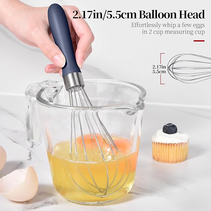 Small Whisk: Stainless Steel 9in Wire Balloon Wisk Kitchen Egg Whisker Heavy Duty Hand Mixer for Cooking Baking Whipping Blending Mixing Stirring Sauce, Flour, chocolate (Midnight Blue)