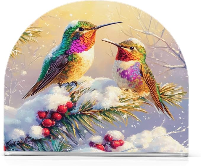 Napkin Holder Acrylic Napkin Holder for Table Kitchen Party Restaurant U Shaped Upright Napkin Dispenser Organizer Winter Hummingbirds and Pine Tree