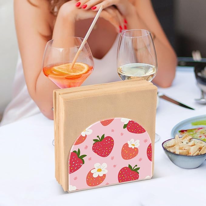 Fustylead Red Strawberry White Floral Pink Napkin Holder for Table Acrylic Vertical Napkin Holders for Paper Napkins Decor Napkin Dispenser for Home Party Dining Cocktail Kitchen Accessories, 2 Pack
