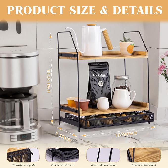 Coffee Bar Organizer - 2 Tier Wooden Station for Coffee Bar Accessories, Essentials, and Decor, for K Cup, Nespresso Pods, Coffee Pod Holder for Kitchen Countertop