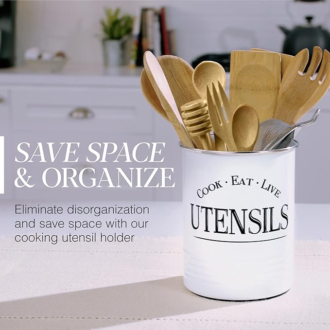 Walford Home Original Kitchen Utensil Holder Crock, White With Premium Padded Base - Vintage Farmhouse Home Kitchen Decor - Large Kitchen Tool Utensil Storage Caddy Organizer
