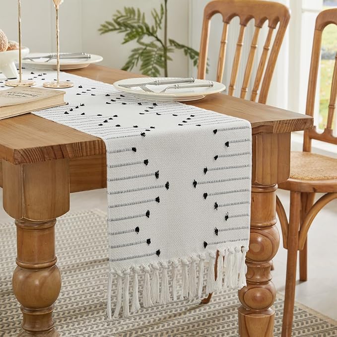 Wracra Boho Table Runner, Natural Cotton Woven Macrame Table Runners 60 Inches Long for Modern Farmhouse Woven Home Decor, 14x60 Inch, Black