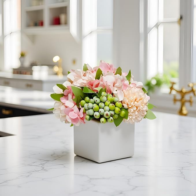 Artificial Flower Arrangement in Ceramic Vase Pink Hydrangea Home Decor | Artificial Pink Hydrangea Potted Flowers with White Vase, Fake Peony Green Berry Floral Decor for Home Office Wedding Table