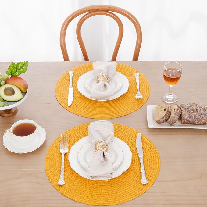 SHACOS 15 inch Round Braided Placemats Set of 6 Non Slip Washable Kitchen Table Place Mats Cotton Polyester Heat Resistant Table Mats for Home Wedding Dinner Party Table Decor, Mustard Yellow