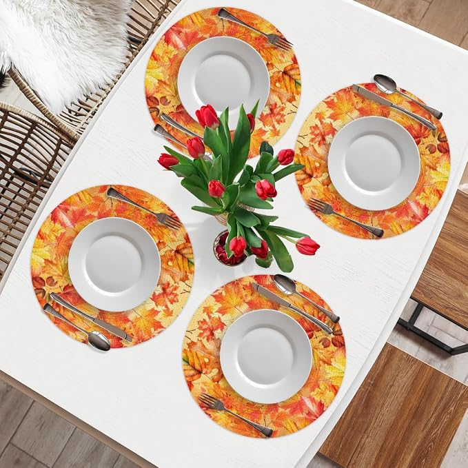 Round Placemats Set of 6, Autumn Maple Leaves Woven Placemats Mats Non-Slip Heat Resistant Washable Table Mats Round Braided Place for Farmhouse Kitchen Dining Party Decor 15in-2