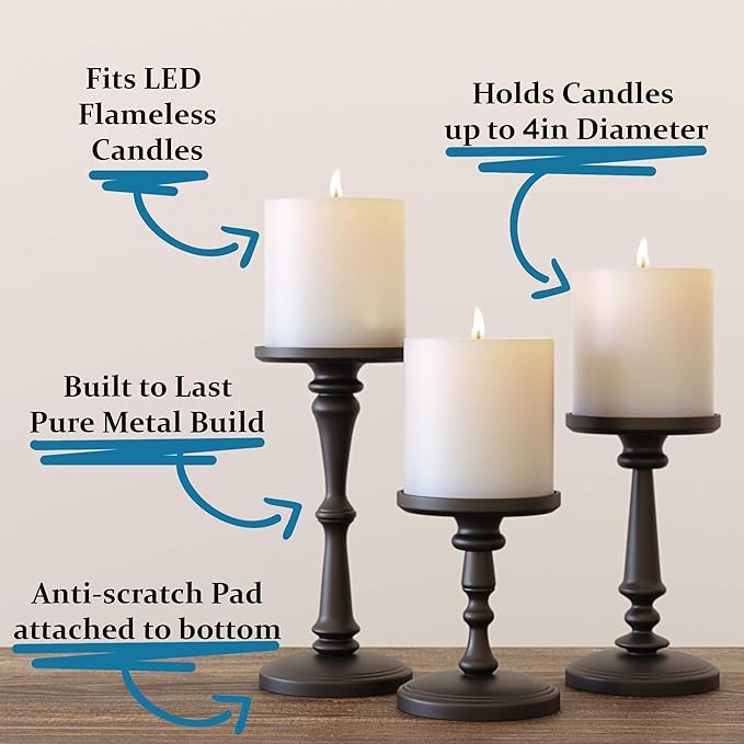 Matte Black Candle Holders Set of 3 - Metal Candle Holders for Pillar Candles & LED Flameless Candles - 6, 8 & 10 Inch Tall - Decorative for Table, Fireplace & More - Pillar Candles Holders Sets of 3
