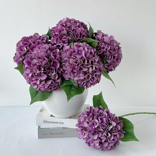 ZYTUYO 5 Pcs Dark Purple Silk Hydrangea Artificial Flowers - Boho Dried Touch 20'' Faux Hydrangeas for Fall Home Decor, Kitchen, Living Room, Porch Wreath, Xmas, Wedding Flower Arrangement