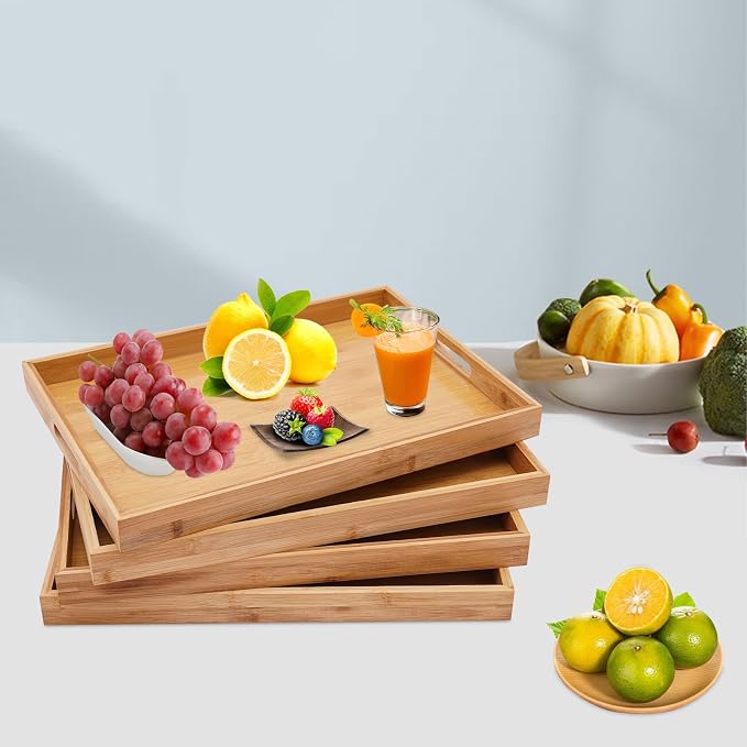A Set of 4 Food Tray Wooden Tray 6.61-11.02lbs Load Rectangular Kitchen Tray Bamboo Serving Tray with Handles for Restaurant Barbecue Fruits, Cakes, Drinks (18.1 * 13 * 1.4in)