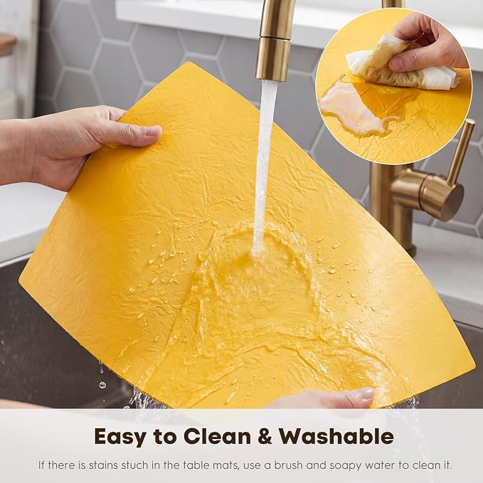 Artoid Mode Yellow Faux Leather Placemats Set of 4, 12x18 Inch Waterproof Wipeable Heat Resistant Vinyl Place Mats, Reversible Table Mats for SummerKitchen Dining Decor