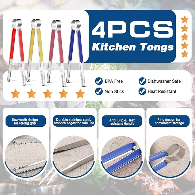 4Pcs Stainless Steel Kitchen Tongs for Cooking - 10" Metal Food Tongs With Non-Slip Comfort Grip, Non-Stick, High Heat Resistant for BBQ, Grilling and Serving