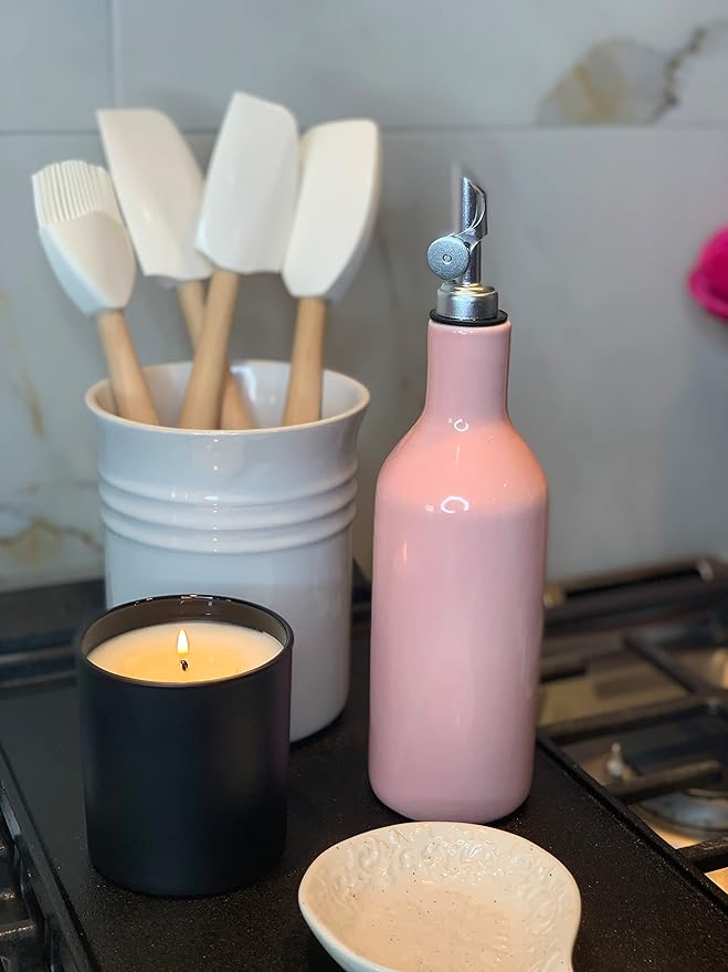Ceramic Pink Olive Oil Dispenser - Coffee Syrup & Vinegar Cruet, Weighted Pourer, Safe Storage