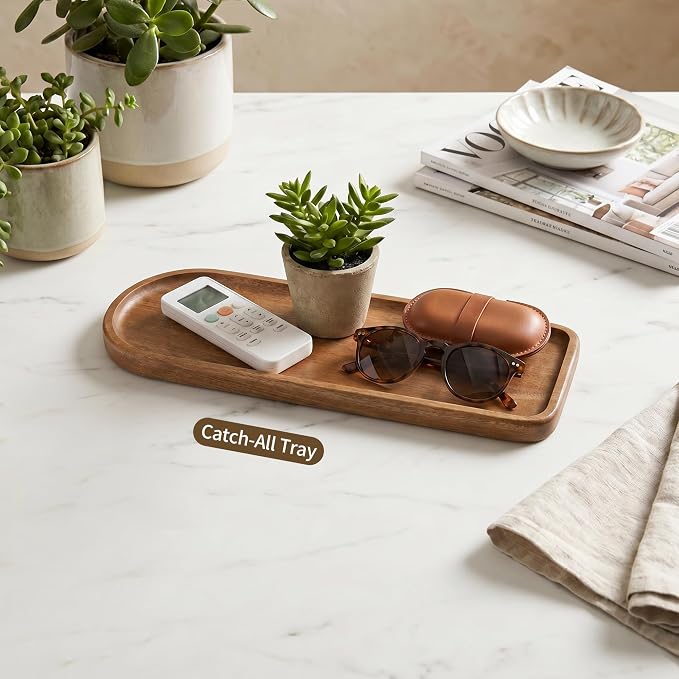 Small Wooden Tray | Acacia Wood Tray for Vanity, Bathroom Counter, Coffee Table & Toilet | Perfect for Jewelry, Remote, Keys & Catch All | Mini Charcuterie Board Serving Platter (Racetrack-Shaped)