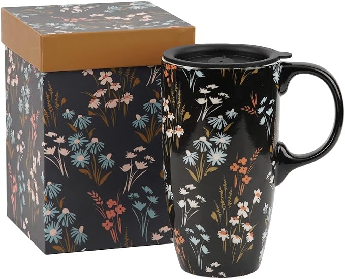 DUSVALLY Ceramic Coffee Mug Travel Cup with Lid and Handle, Reusable 17 Oz Ceramic Latte Teacup in Color Box, Suitable for Car Cup Holder, Black Flower