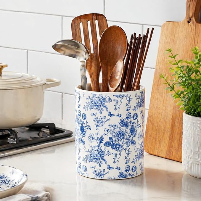 JarThenaAMCS 2Pcs Chinoiserie Floral Ceramic Utensil Holder Vintage Blue Flower Butterfly Utensil Crock for Home Kitchen Countertop Storage Organizer Container
