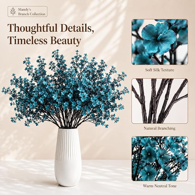 Mandy's Teal Artificial Baby’s Breath Flowers 15 Bundles Silk Gypsophila, 18.5 Inch European Style Modern Home Decor Centerpiece, Neutral Wedding Flower Arrangements