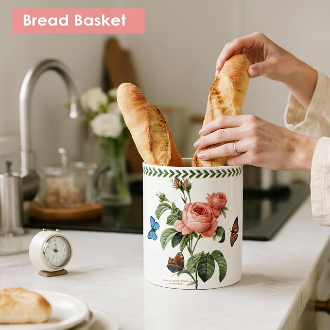 ACMLIFE Extra Large Cooking Utensil Holder, 7.3" Kitchen Utensil Holder for Countertop, Utensil Crock for Farmhouse Kitchen Decor, Ceramic Stable Utensil Caddy, Floral (Rose)