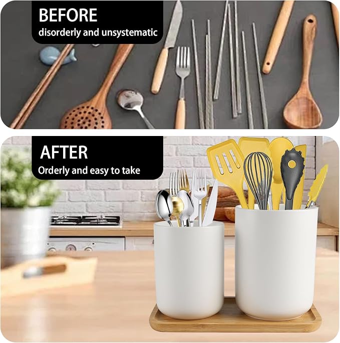 Utensil Holder,6.2"+5.2" Ceramic Utensil Caddy for Kitchen Counter with Bamboo Tray,Countertop Cooking Silverware Organizer for Spatula,Spoon,Knives Forks Caddy Holder,Kitchen Decor,Set of 2