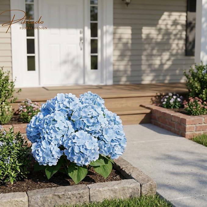 A Bunch 21in, Real Touch Hydrangea Artificial Flowers, with 5pcs Flower Head 10pcs Leaves, Faux Hydrangea Flowers for Home Office Decor Wedding Party Arrangements (1, Blue)