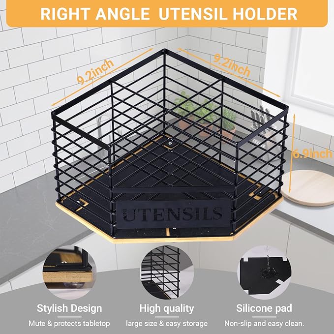 Large Kitchen Utensil Holder with 4 Compartments,Corner Utensil Caddy for Countertop With Waterproof and non-slip silicone mat.