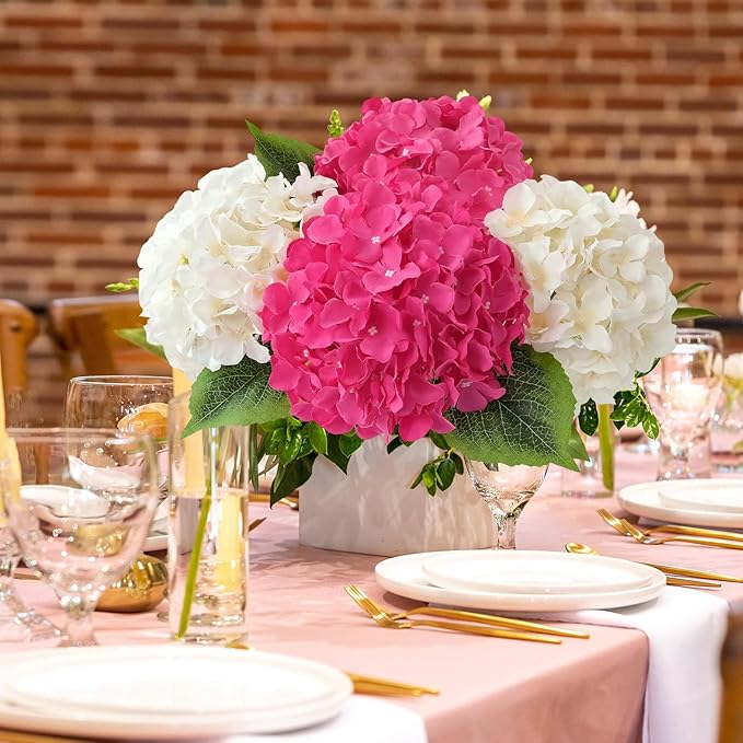 JINWOE Silk Hydrangea Artificial Flowers, 5Pcs 20Inch Large Lifelike Faux Flowers, Full Fake Artificial Hydrangeas with Stems for Bouquet Table Centerpieces Home (Fuchsia)