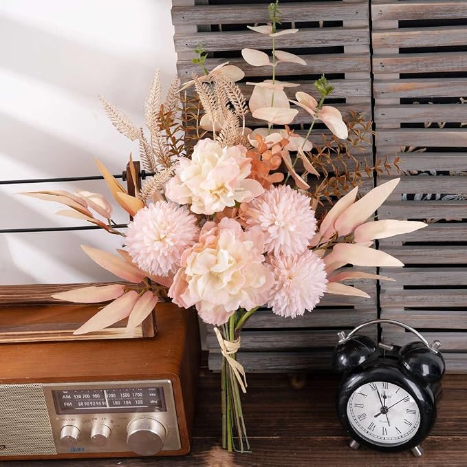 KIRIFLY Artificial Fake Flowers Plants Silk Flower Arrangements Wedding Bouquets Decorations Plastic Floral Table Centerpieces for Home Kitchen Garden Party Décor (Light Pink)