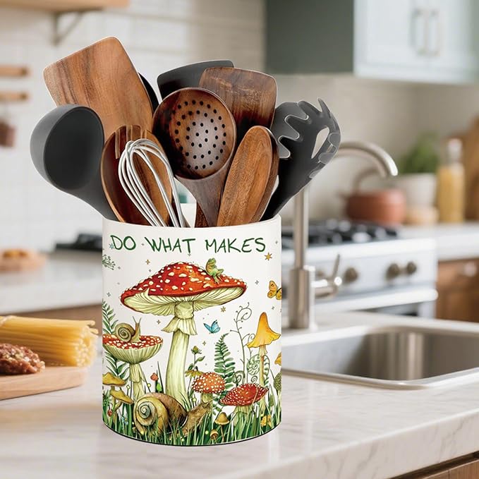 Mushroom Kitchen Decor, 6.5inch Ceramic Utensil Holder with Mushroom Design, Rustic-Style Indoor Kitchen Utensil Storage Rack, Ideal for Spoon Storage and Cooking Tools, Gift for Kitchen Organizers