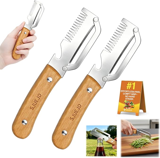 Multifunctional Vegetable Peeler for Kitchen Tool Wooden Smooth Handle and Bottle Opener, Made of Stainless Steel 2 in 1 Potato Garlic Cucumber Orange Pumpkin Fruit (Shredded Style(2pcs))