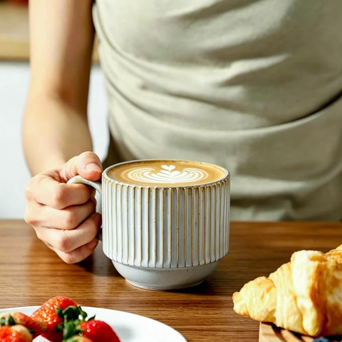 HASENSE Stackable Coffee Mugs, 15 Oz Ceramic Coffee Mugs with Stand, Vertical Striped Coffee Cups Set of 4 with Handle, Space-Saving Suitable for Kitchens and Coffee Nook, Blue-Gray