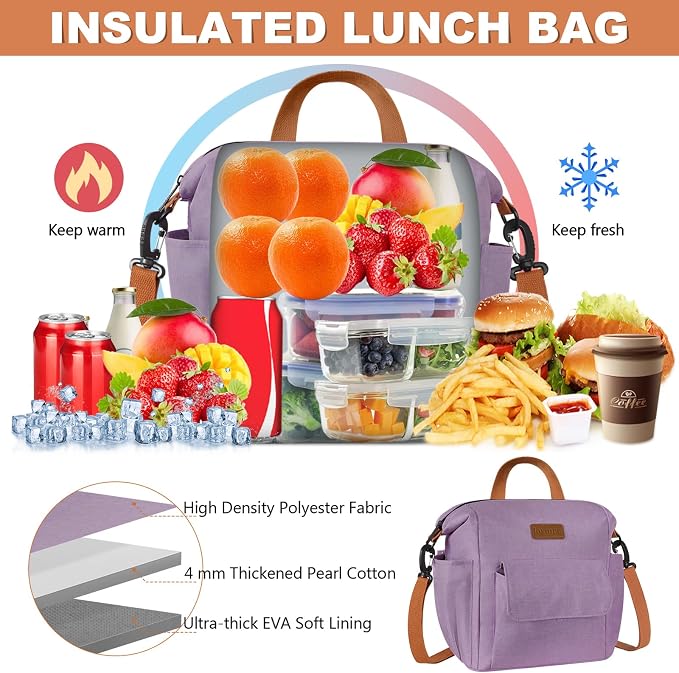 Joymee Insulated Lunch Bag For Women Reusable Leakproof -Purple | Spacious Storage, Bottle Holder & Pockets, Leakproof Insulated, for Work, Travel, Picnic, Daily Use, for Adult