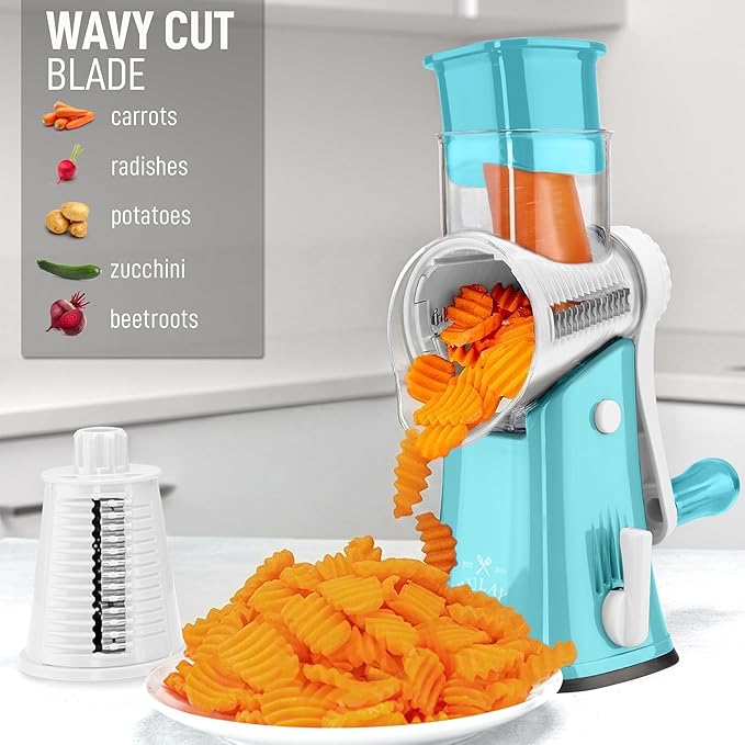 Zulay Kitchen Rotary Cheese Grater 5 Blade Cheese Shredder - Manual Hand Crank Cheese Grater With Reinforced Suction & 5 Interchangeable Drums - Easy to Use, Vegetable Chopper Round Mandoline Slicer
