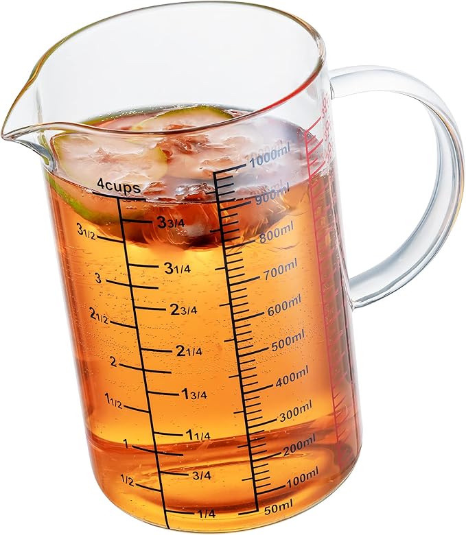 Ackers BORO3.3 Glass Measuring Cup-[Insulated handle | V-Shaped Spout]-Made of High Borosilicate Glass Measuring Cup for Kitchen or Restaurant, Easy to Read, 1000 ML (32 Oz, 4 Cup)