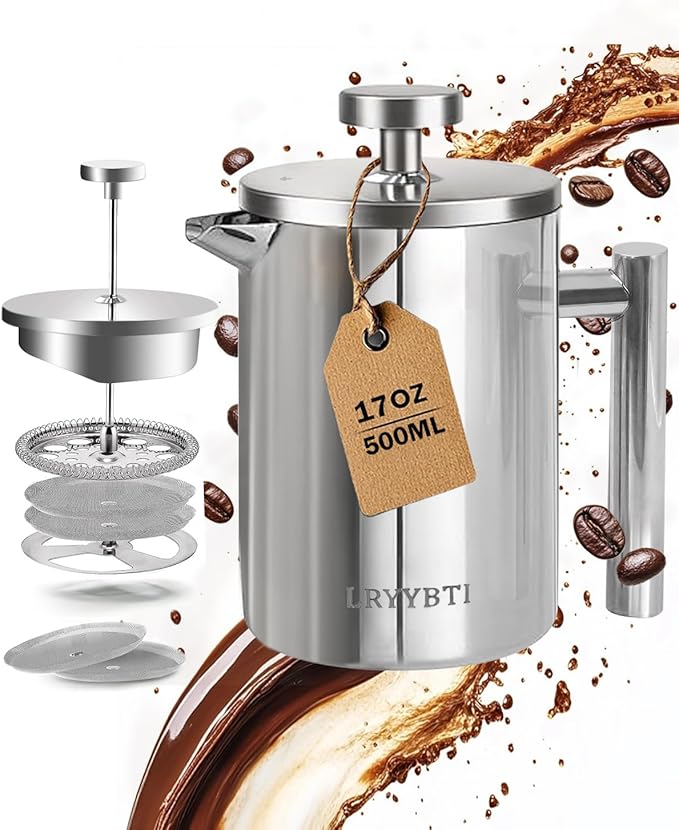 French Press Coffee Maker, Stainless Steel Coffee Press with scale lines (Silver, 17 OZ)